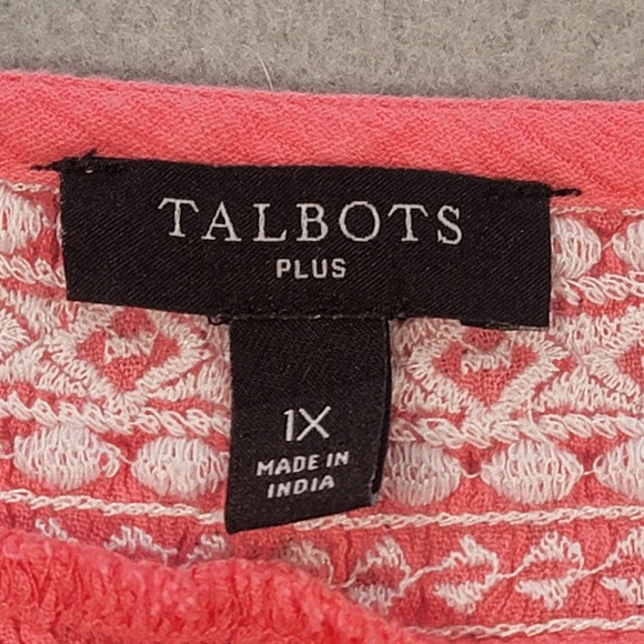 Talbots Plus Embroidered Peasant Top Coral Boho Womens 1X Blouse 3/4 Sleeve - Picture 5 of 10